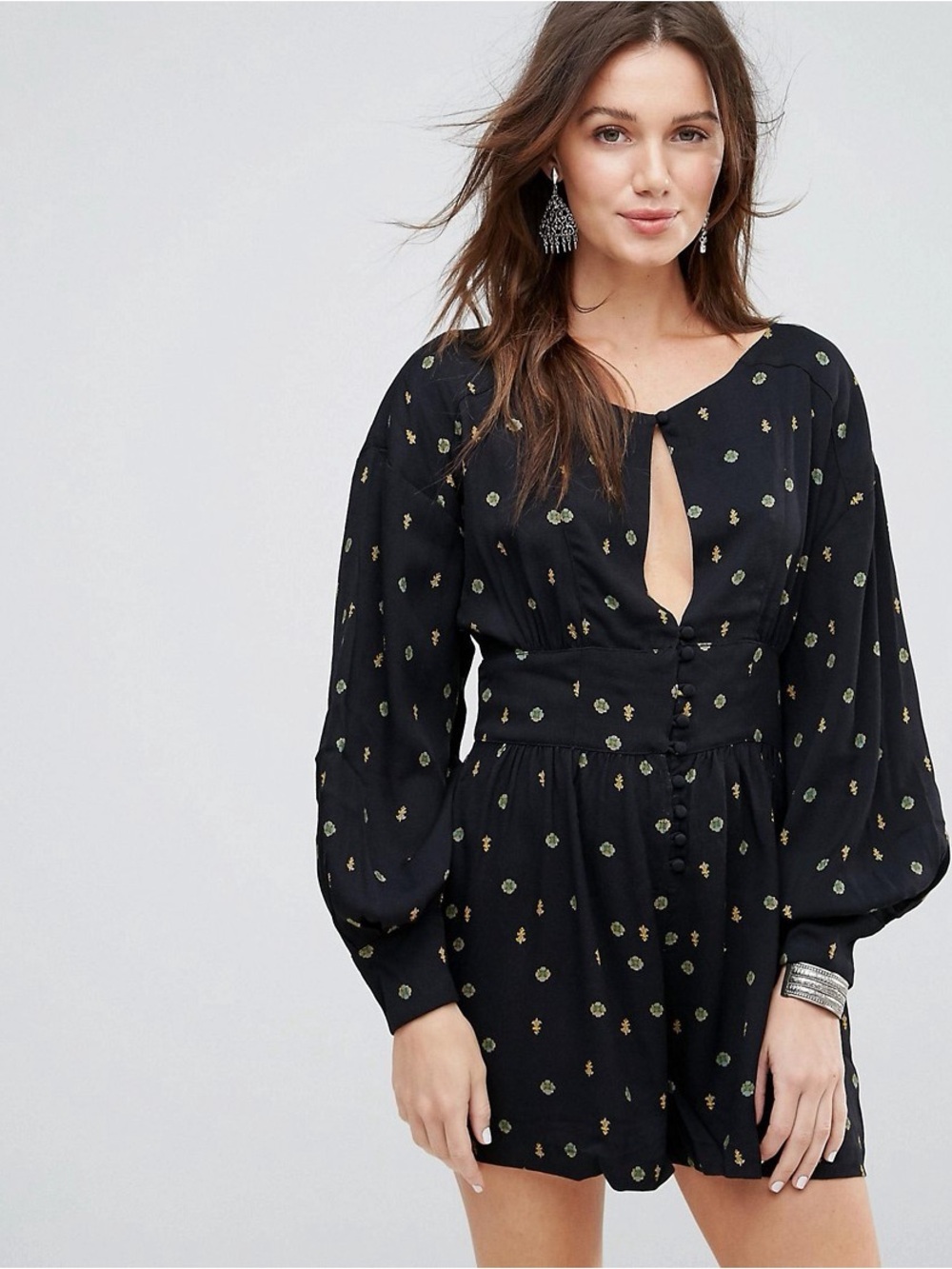 Free People Love Grows Black Floral Print Long-Sleeve Keyhole Boho Romper XS